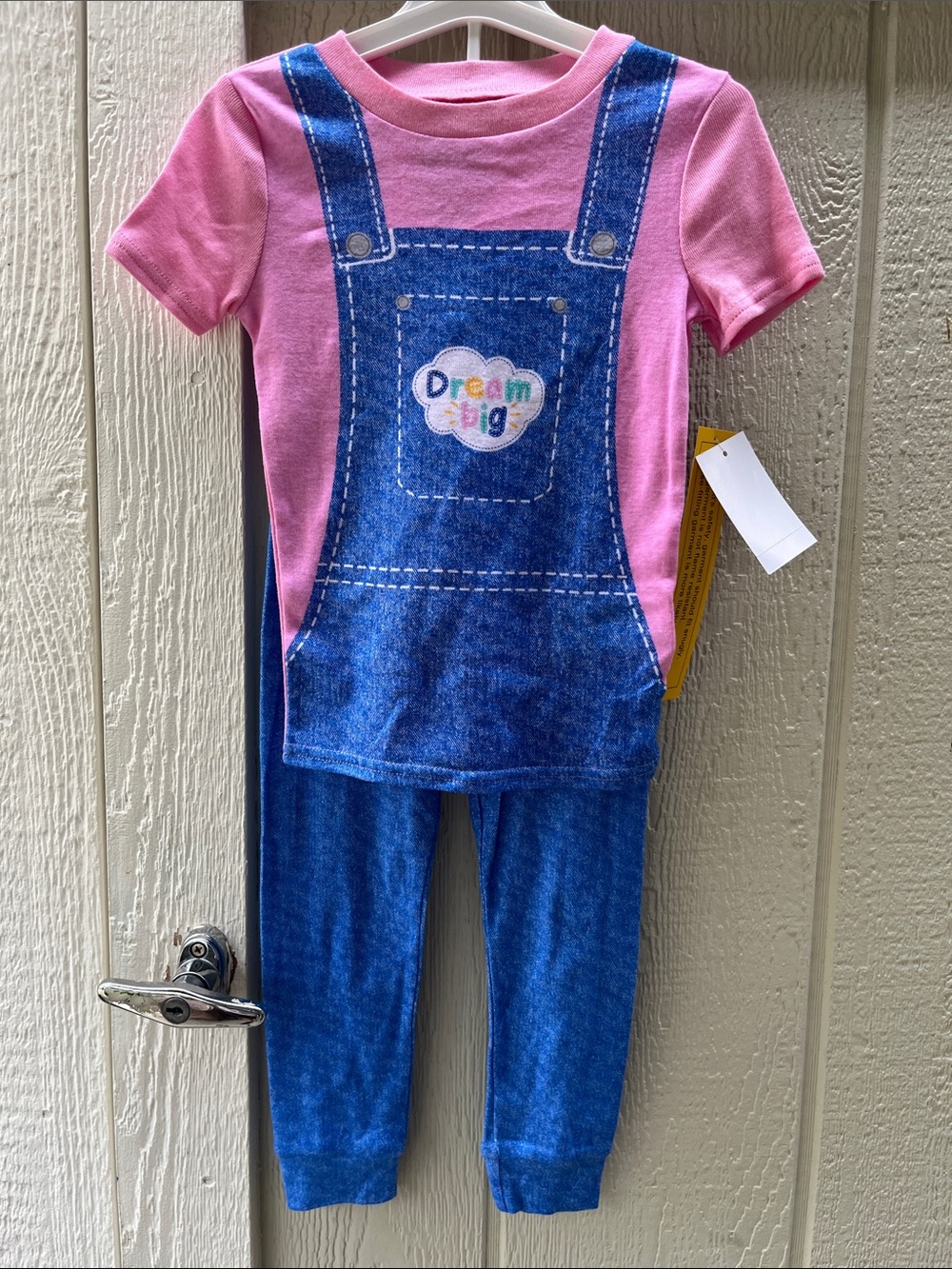 Rachel Pink Tee with Blue Overall-Print Top and Blue Leggings Set